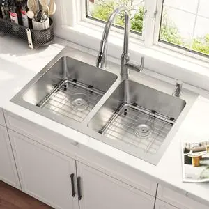 33x22 Drop In Double Bowl 33 Inch Topmount Kitchen Sink | 304 Stainless Steel, 18 Gauge Thickness, Commercial Grade Satin Finish, Strainer & Grid Included, 33" x 22" x 9" 33x22 Drop In Double Bowl 33 Inch Topmount Kitchen Sink | 304 Stainless Steel, 18 Gauge Thickness, Commercial Grade Satin Finish, Strainer & Grid Included, 33" x 22" x 9"
