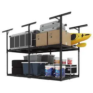 4x8 2-Tier Overhead Garage Storage Rack Adjustable Heavy Duty Metal Garage Ceiling Storage Racks, 1000 lbs Capacity Garages Organization System for 915 ft Tall Garages, Black 4x8 2-Tier Overhead Garage Storage Rack Adjustable Heavy Duty Metal Garage Ceiling Storage Racks, 1000 lbs Capacity Garages Organization System for 915 ft Tall Garages, Black