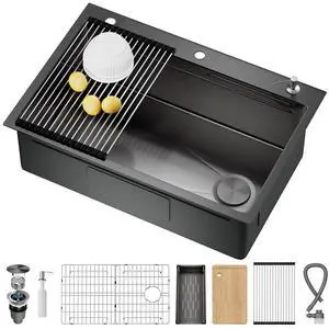 33X22 Drop In Kitchen Sink with Pop-Up Drain, 304 Stainless Steel Workstation, Upgraded Fast Drain, Topmount Single Bowl with kitchen Accessories, Foldable Grid, black kitchen sink 33X22 Drop In Kitchen Sink with Pop-Up Drain, 304 Stainless Steel Workstation, Upgraded Fast Drain, Topmount Single Bowl with kitchen Accessories, Foldable Grid, black kitchen sink