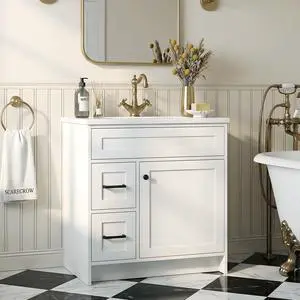 30 Inch Freestanding Bathroom Vanity with Sink, Shaker Style White Cabinet with 2 Drawers & Single Door, Waterproof Lacquer Finish, Space-Saving for Small Bathroom & Apartment 30 Inch Freestanding Bathroom Vanity with Sink, Shaker Style White Cabinet with 2 Drawers & Single Door, Waterproof Lacquer Finish, Space-Saving for Small Bathroom & Apartment