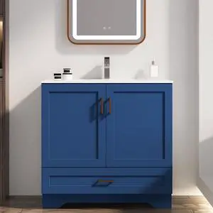 36 inch Bathroom Vanity with Sink, Modern Blue Vanity for Bathroom with Undermount Ceramic Sink, Freestanding 2-Door & 1-Drawer Storage Cabinet, for Small Bathroom Space, (Blue, 36") 36 inch Bathroom Vanity with Sink, Modern Blue Vanity for Bathroom with Undermount Ceramic Sink, Freestanding 2-Door & 1-Drawer Storage Cabinet, for Small Bathroom Space, (Blue, 36")