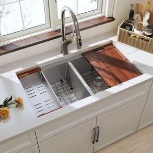 32 Inch Undermount Workstation Handmade Double Bowl Kitchen Sink | 16 Gauge Thickness, 304 Stainless Steel, Brushed Satin Finish, 50/50 Large Capacity, Accessories Included, 32" x 18" x 10" 32 Inch Undermount Workstation Handmade Double Bowl Kitchen Sink | 16 Gauge Thickness, 304 Stainless Steel, Brushed Satin Finish, 50/50 Large Capacity, Accessories Included, 32" x 18" x 10"
