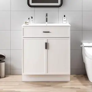 30-Inch Bathroom Vanity with Ceramic Sink and Countertop, Water-Resistant Bathroom Cabinet with 2 Soft-Closing Doors 30-Inch Bathroom Vanity with Ceramic Sink and Countertop, Water-Resistant Bathroom Cabinet with 2 Soft-Closing Doors