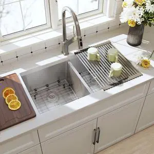 32 Inch Undermount Handmade 50/50 Double Bowl Kitchen Sink | 16 Gauge Thickness, 304 Stainless Steel, Brushed Satin Finish, Large Capacity, Accessories Combo Included, 32" x 19" x 10" 32 Inch Undermount Handmade 50/50 Double Bowl Kitchen Sink | 16 Gauge Thickness, 304 Stainless Steel, Brushed Satin Finish, Large Capacity, Accessories Combo Included, 32" x 19" x 10"