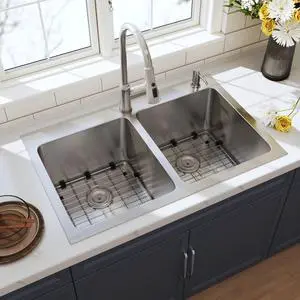 33 Inch Drop In Double Bowl 33x22 Topmount Kitchen Sink | 304 Stainless Steel, 18 Gauge Thickness, Two Holes with Cover, Strainer & Grid Included, Brushed Satin Finish, 33" x 22" x 9" 33 Inch Drop In Double Bowl 33x22 Topmount Kitchen Sink | 304 Stainless Steel, 18 Gauge Thickness, Two Holes with Cover, Strainer & Grid Included, Brushed Satin Finish, 33" x 22" x 9"
