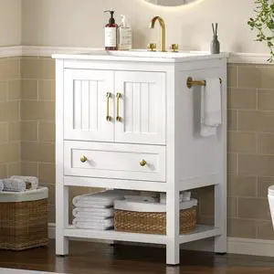 24'' Bathroom Vanity with Sink & Towel Holder, Modern Bathroom Sink Cabinet with 1 Drawer, 2 Doors & Open Compartment, Wood Freestanding Bathroom Vanity Cabinet with Ceramic Sink, White 24'' Bathroom Vanity with Sink & Towel Holder, Modern Bathroom Sink Cabinet with 1 Drawer, 2 Doors & Open Compartment, Wood Freestanding Bathroom Vanity Cabinet with Ceramic Sink, White