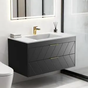 24 Inch Bathroom Vanity with Sink, Modern Floating Vanity with Resin Sink, 2 Large Storage Darwers, Wood Grain Texture Wall Mounted Bathroom Vanities, Gold Handles 24 Inch Bathroom Vanity with Sink, Modern Floating Vanity with Resin Sink, 2 Large Storage Darwers, Wood Grain Texture Wall Mounted Bathroom Vanities, Gold Handles