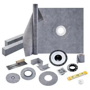 Shower Curb Kit with Complete Shower Kit- Tray, Curb, Membrane, Seals, ABS Bonding Flange, Corners, Trowel & Level, 48" x 48" Tray, Center Outlet Position Shower Curb Kit with Complete Shower Kit- Tray, Curb, Membrane, Seals, ABS Bonding Flange, Corners, Trowel & Level, 48" x 48" Tray, Center Outlet Position