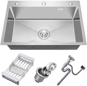 32 x 18 Inch Drop in Kitchen Sink, Nano-Coated Topmount Single Bowl Stainless Steel Sink with Drain Kit Baskets 32 x 18 Inch Drop in Kitchen Sink, Nano-Coated Topmount Single Bowl Stainless Steel Sink with Drain Kit Baskets