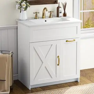 30" Bathroom Vanity with Sink, Solid Wood Frame Bathroom Cabinet, Bath Vanity Set with 2 Power Outlets, 2 USB Port, Switch Button, 2 Drawers & Soft-Close Doors with Organizers, White 30" Bathroom Vanity with Sink, Solid Wood Frame Bathroom Cabinet, Bath Vanity Set with 2 Power Outlets, 2 USB Port, Switch Button, 2 Drawers & Soft-Close Doors with Organizers, White
