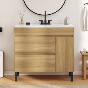 36 Inch Bathroom Vanity with Sink, Bathroom Cabinet Vanity for Media Space, Freestanding Storage Bathroom Vanity with 1 Soft Closing Cabinet & 2 Drawers, Natural Brown 36 Inch Bathroom Vanity with Sink, Bathroom Cabinet Vanity for Media Space, Freestanding Storage Bathroom Vanity with 1 Soft Closing Cabinet & 2 Drawers, Natural Brown