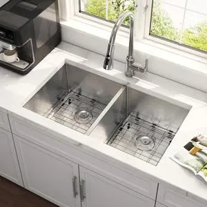 32 Inch Undermount Double Bowl Handmade 50/50 Kitchen Sink | 304 Stainless Steel, 16 Gauge Thickness, X Drain Line Design, Strainer & Grid Included, Large Capacity, 32" x 19" x 10" 32 Inch Undermount Double Bowl Handmade 50/50 Kitchen Sink | 304 Stainless Steel, 16 Gauge Thickness, X Drain Line Design, Strainer & Grid Included, Large Capacity, 32" x 19" x 10"