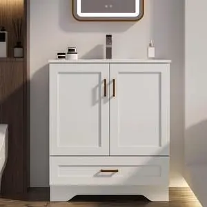 30 inch Bathroom Vanity with Sink, Modern White Vanity for Bathroom with Undermount Ceramic Sink, Freestanding 2-Door & 1-Drawer Storage Cabinet, for Small Bathroom Space, (White, 30") 30 inch Bathroom Vanity with Sink, Modern White Vanity for Bathroom with Undermount Ceramic Sink, Freestanding 2-Door & 1-Drawer Storage Cabinet, for Small Bathroom Space, (White, 30")