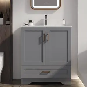 30 inch Bathroom Vanity with Sink, Modern Grey Vanity for Bathroom with Undermount Ceramic Sink, Freestanding 2-Door & 1-Drawer Storage Cabinet, for Small Bathroom Space, (Grey, 30") 30 inch Bathroom Vanity with Sink, Modern Grey Vanity for Bathroom with Undermount Ceramic Sink, Freestanding 2-Door & 1-Drawer Storage Cabinet, for Small Bathroom Space, (Grey, 30")