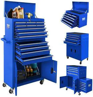 13-Drawer Rolling Tool Chest with Double Doors, 2 in 1 Detachable Rolling Tool Chest Combo, Mobile Tool Cabinet with Drawers, Metal Large Lockable Tool Box for Garage Workshop (Blue) 13-Drawer Rolling Tool Chest with Double Doors, 2 in 1 Detachable Rolling Tool Chest Combo, Mobile Tool Cabinet with Drawers, Metal Large Lockable Tool Box for Garage Workshop (Blue)