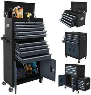 13-Drawer Rolling Tool Chest with Double Doors, 2 in 1 Detachable Rolling Tool Chest with Drawers, Mobile Tool Cabinet Combo, Metal Large Lockable Tool Box for Garage Workshop (Black-Gray) 13-Drawer Rolling Tool Chest with Double Doors, 2 in 1 Detachable Rolling Tool Chest with Drawers, Mobile Tool Cabinet Combo, Metal Large Lockable Tool Box for Garage Workshop (Black-Gray)