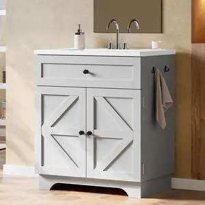 30 Inch Bathroom Vanity with Integrated Ceramic Sink, Farmhouse Single Sink Bathroom Vanity, Tip-Out Drawer, Soft-Close Doors, Adjustable Shelf & 2 Towel Hooks (Gray) 30 Inch Bathroom Vanity with Integrated Ceramic Sink, Farmhouse Single Sink Bathroom Vanity, Tip-Out Drawer, Soft-Close Doors, Adjustable Shelf & 2 Towel Hooks (Gray)