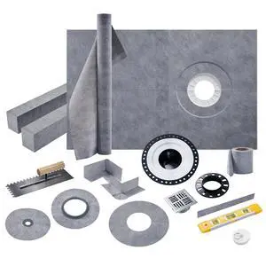 Shower Curb Kit, Complete Shower System with 38" x 60" Tray Featuring Off-Center Drain, Includes Curb, Membrane, Seals, Corners, ABS Bonding Flange, Trowel & Level Shower Curb Kit, Complete Shower System with 38" x 60" Tray Featuring Off-Center Drain, Includes Curb, Membrane, Seals, Corners, ABS Bonding Flange, Trowel & Level