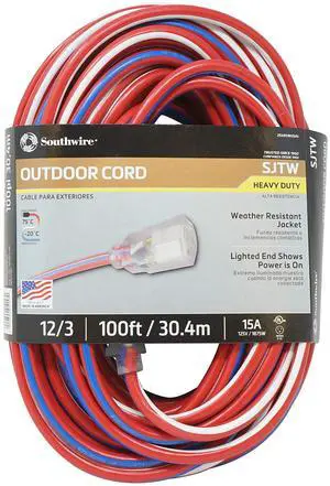 Extension Cord - Built for Outdoor & Indoor Power Use with Contractor-Grade Durability - Heavy-Duty SJTW Jacket - UL Certified - 12/3 SJTW - Red/White/Blue - 100 Foot Extension Cord - Built for Outdoor & Indoor Power Use with Contractor-Grade Durability - Heavy-Duty SJTW Jacket - UL Certified - 12/3 SJTW - Red/White/Blue - 100 Foot