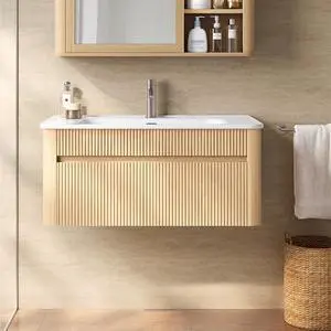 30 Inch Floating Bathroom Vanity with Ceramic Sink Combo, Solid Wood Curved Frame, Fluted Modern Wall Mounted Single Cabinet, Smart Storage, Soft-Close Drawer, Easy Assembly, Oak 30 Inch Floating Bathroom Vanity with Ceramic Sink Combo, Solid Wood Curved Frame, Fluted Modern Wall Mounted Single Cabinet, Smart Storage, Soft-Close Drawer, Easy Assembly, Oak