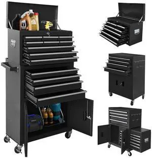13-Drawer Rolling Tool Chest with Double Doors, 2 in 1 Detachable Rolling Tool Chest with Drawers, Mobile Tool Cabinet Combo, Metal Large Lockable Tool Box for Garage Workshop (Black) 13-Drawer Rolling Tool Chest with Double Doors, 2 in 1 Detachable Rolling Tool Chest with Drawers, Mobile Tool Cabinet Combo, Metal Large Lockable Tool Box for Garage Workshop (Black)