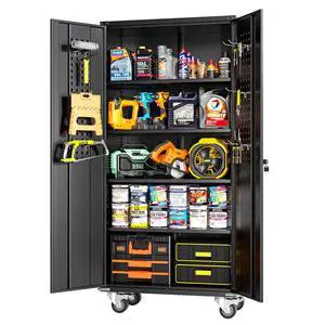 72" Black Metal Storage Cabinet with Wheels, Pegboards, Locking Doors and Shelves, Rolling Tool Cabinet for Garage, Home, Basement, Kitchen 72" Black Metal Storage Cabinet with Wheels, Pegboards, Locking Doors and Shelves, Rolling Tool Cabinet for Garage, Home, Basement, Kitchen