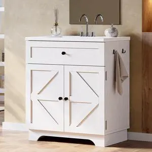30 Inch Bathroom Vanity with Integrated Ceramic Sink, Farmhouse Single Sink Bathroom Vanity, Tip-Out Drawer & Adjustable Shelf (White) 30 Inch Bathroom Vanity with Integrated Ceramic Sink, Farmhouse Single Sink Bathroom Vanity, Tip-Out Drawer & Adjustable Shelf (White)