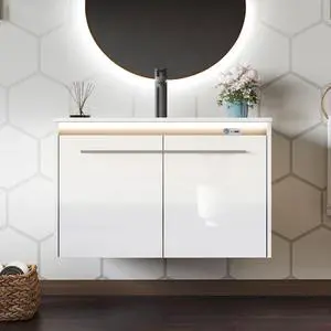 31" LED Floating Bathroom Vanity with Single Sink, Modern High Gloss Wall Mounted Bathroom Storage Cabinet with Metal Handles, White 31" LED Floating Bathroom Vanity with Single Sink, Modern High Gloss Wall Mounted Bathroom Storage Cabinet with Metal Handles, White