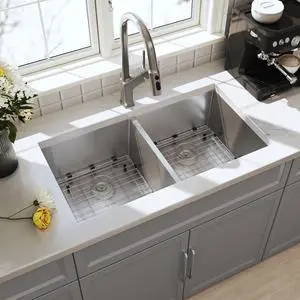 32 Inch Undermount Handmade 50/50 Double Bowl Kitchen Sink | 16 Gauge Thickness, 304 Stainless Steel, Brushed Satin Finish, Large Capacity, Strainer & Grid Included, 32" x 19" x 10" 32 Inch Undermount Handmade 50/50 Double Bowl Kitchen Sink | 16 Gauge Thickness, 304 Stainless Steel, Brushed Satin Finish, Large Capacity, Strainer & Grid Included, 32" x 19" x 10"