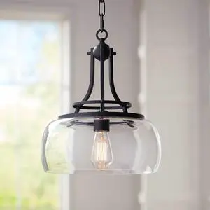 Pendant Light Fixture - Charleston Black Metal, Clear Glass, Farmhouse Pendant Light for Kitchen Islands, Living Rooms, Dining Rooms, Foyers, and Bedrooms - 13 1/2" Wide, 16" High Pendant Light Fixture - Charleston Black Metal, Clear Glass, Farmhouse Pendant Light for Kitchen Islands, Living Rooms, Dining Rooms, Foyers, and Bedrooms - 13 1/2" Wide, 16" High