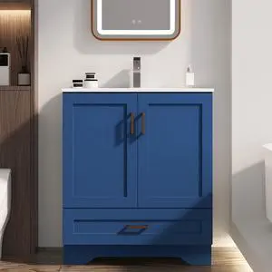 30 inch Bathroom Vanity with Sink, Modern Blue Vanity for Bathroom with Undermount Ceramic Sink, Freestanding 2-Door & 1-Drawer Storage Cabinet, for Small Bathroom Space, (Blue, 30") 30 inch Bathroom Vanity with Sink, Modern Blue Vanity for Bathroom with Undermount Ceramic Sink, Freestanding 2-Door & 1-Drawer Storage Cabinet, for Small Bathroom Space, (Blue, 30")