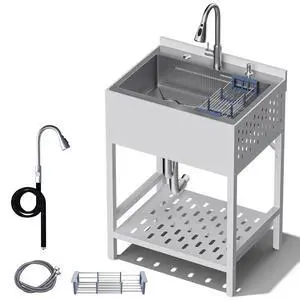 26 Stainless Steel Utility Sinks, Freestanding Rectangular Laundry Room Sinks, Upgrades Hoses and Drain Kit, White Commercial Sink for Garage, Outdoor 26 Stainless Steel Utility Sinks, Freestanding Rectangular Laundry Room Sinks, Upgrades Hoses and Drain Kit, White Commercial Sink for Garage, Outdoor