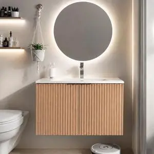 36 Inch Fluted Floating Bathroom Vanity with Single Ceramic Sink, Bathroom Sink Cabinet with 2 Soft-Close Doors, Water-Resistant Storage for Small Bathrooms, Natural Wood 36 Inch Fluted Floating Bathroom Vanity with Single Ceramic Sink, Bathroom Sink Cabinet with 2 Soft-Close Doors, Water-Resistant Storage for Small Bathrooms, Natural Wood