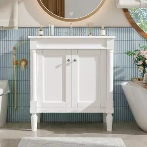 30" Bathroom Vanity with Sink, Powder Room Small Bathroom Vanity with 2-Door Cabinet, Ceramic Sink, Solid Wood Frame Bathroom Storage Cabinet 30" Bathroom Vanity with Sink, Powder Room Small Bathroom Vanity with 2-Door Cabinet, Ceramic Sink, Solid Wood Frame Bathroom Storage Cabinet