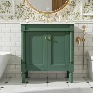 30" Bathroom Vanity with Sink, Powder Room Small Bathroom Vanity with 2-Door Cabinet, Ceramic Sink, Solid Wood Frame Bathroom Storage Cabinet 30" Bathroom Vanity with Sink, Powder Room Small Bathroom Vanity with 2-Door Cabinet, Ceramic Sink, Solid Wood Frame Bathroom Storage Cabinet