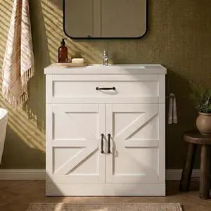 31" Farmhouse Bathroom Vanity with Sink, Bathroom Vanity Cabinet with Drawer & 2 Barn Doors, Metal Handles, White 31" Farmhouse Bathroom Vanity with Sink, Bathroom Vanity Cabinet with Drawer & 2 Barn Doors, Metal Handles, White