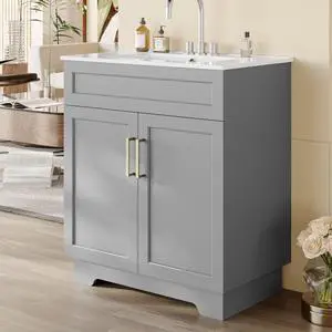 Bathroom Vanity with Ceramic Sink, 30" Freestanding Bathroom Quick Assembly Vanity Cabinet with Storage, Grey Bathroom Vanity with Ceramic Sink, 30" Freestanding Bathroom Quick Assembly Vanity Cabinet with Storage, Grey