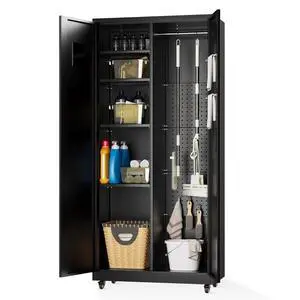 Metal Broom Closet, Garage Storage Cabinet, Tool Chest Bathroom Cabinet with Locking Doors and Wheels, 72" Tall Utility Cabinet with Hanging Rod, Freestanding Storage Cabinet for Cleaning Supplies Metal Broom Closet, Garage Storage Cabinet, Tool Chest Bathroom Cabinet with Locking Doors and Wheels, 72" Tall Utility Cabinet with Hanging Rod, Freestanding Storage Cabinet for Cleaning Supplies