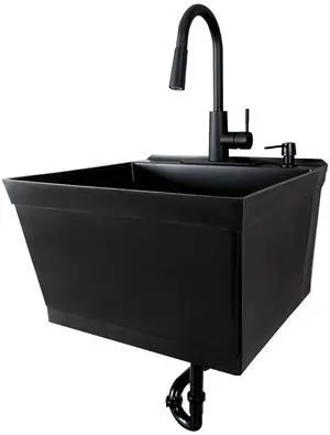 Tehila Black Wall-Mounted Utility Sink Tub Kit with Black Pull-Down Faucet, Wall-Mounted Utility Tub with Wall Bracket for Laundry Room, Garage, Workshop Tehila Black Wall-Mounted Utility Sink Tub Kit with Black Pull-Down Faucet, Wall-Mounted Utility Tub with Wall Bracket for Laundry Room, Garage, Workshop