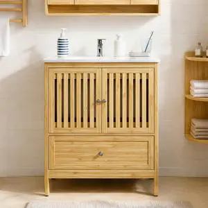 30 Inch Bamboo Bathroom Vanity with Sink, Freestanding Bathroom Sink Cabinet with Large Drawer, Farmhouse Bathroom Vanity with Gold Handles, Natural 30 Inch Bamboo Bathroom Vanity with Sink, Freestanding Bathroom Sink Cabinet with Large Drawer, Farmhouse Bathroom Vanity with Gold Handles, Natural