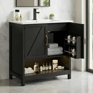 30" Bathroom Vanity with Sink, Black Freestanding Vanity for Small Bathrooms, Solid Metal Hinges, Door Organizer, RGB LED Light, Plumbing Clearance Shelf 30" Bathroom Vanity with Sink, Black Freestanding Vanity for Small Bathrooms, Solid Metal Hinges, Door Organizer, RGB LED Light, Plumbing Clearance Shelf