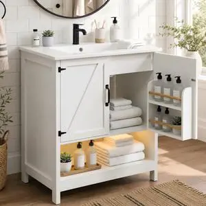 30 Inch Bathroom Vanity with Sink, Farmhouse Bathroom Vanity with Drawers & Open Storage Shelf, Bathroom Cabinet with Ceramic Sink, LED Light, White 30 Inch Bathroom Vanity with Sink, Farmhouse Bathroom Vanity with Drawers & Open Storage Shelf, Bathroom Cabinet with Ceramic Sink, LED Light, White
