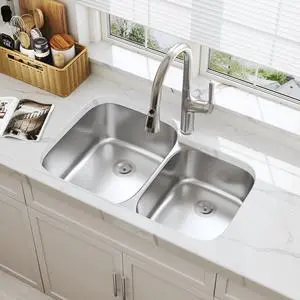32 Inch Undermount 60/40 Double Bowl Stainless Steel Kitchen Sink | 304 Stainless Steel, 18 Gauge Thickness, Soundproof Pad, Commercial Grade Satin Finish, Strainer Included, 32" x 20-7/8" x 9" 32 Inch Undermount 60/40 Double Bowl Stainless Steel Kitchen Sink | 304 Stainless Steel, 18 Gauge Thickness, Soundproof Pad, Commercial Grade Satin Finish, Strainer Included, 32" x 20-7/8" x 9"