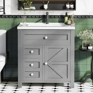 30'' Bathroom Vanity with Sink Combo, Bathroom Storage Cabinet with Sink, Drawers & Metal Handles, Freestanding (Light Grey) 30'' Bathroom Vanity with Sink Combo, Bathroom Storage Cabinet with Sink, Drawers & Metal Handles, Freestanding (Light Grey)