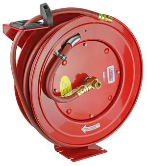 83754 Value Series Air/Water Retractable Hose Reel with 50' x 3/8" Rubber Air Hose, 1/2" NPT, 300 PSI, Slotted Mounting Base, 5-Position Adjustable Outlet Arm, All-steel Construction, Red 83754 Value Series Air/Water Retractable Hose Reel with 50' x 3/8" Rubber Air Hose, 1/2" NPT, 300 PSI, Slotted Mounting Base, 5-Position Adjustable Outlet Arm, All-steel Construction, Red