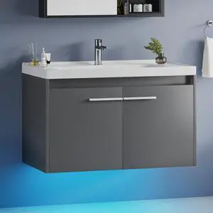 31" Floating Bathroom Vanity with Sink, Modern Bathroom Vanity with LED Light, Wall Mounted Sink Cabinet with 2 Doors, Grey 31" Floating Bathroom Vanity with Sink, Modern Bathroom Vanity with LED Light, Wall Mounted Sink Cabinet with 2 Doors, Grey