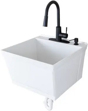 Tehila White Wall-Mounted Utility Sink Tub Kit with Black Pull-Down Faucet, Wall-Mounted Utility Tub with Wall Bracket for Laundry Room, Garage, Workshop Tehila White Wall-Mounted Utility Sink Tub Kit with Black Pull-Down Faucet, Wall-Mounted Utility Tub with Wall Bracket for Laundry Room, Garage, Workshop