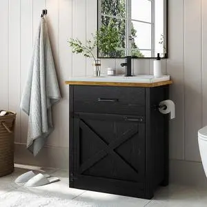 24 Inch Bathroom Vanity with Sink, Farmhouse Bathroom Vanity Cabinet with Drawer & Barn Door, Towel Bar, Black 24 Inch Bathroom Vanity with Sink, Farmhouse Bathroom Vanity Cabinet with Drawer & Barn Door, Towel Bar, Black