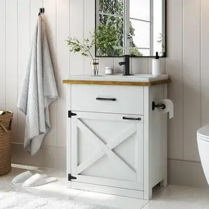 24 Inch Bathroom Vanity with Sink, Farmhouse Bathroom Vanity Cabinet with Drawer & Barn Door, Towel Bar, White 24 Inch Bathroom Vanity with Sink, Farmhouse Bathroom Vanity Cabinet with Drawer & Barn Door, Towel Bar, White