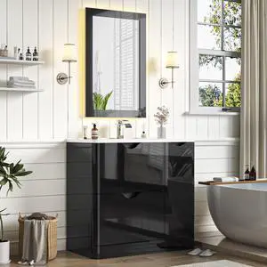 36 Inch Bathroom Vanity with Sink,Mirror,Faucet Set, Modern High Gloss Freestanding Bathroom Storage Vanity Cabinet Set,2 Drawers,Ceramic Storage Cabinet with Sink Combo Set, Black 36 Inch Bathroom Vanity with Sink,Mirror,Faucet Set, Modern High Gloss Freestanding Bathroom Storage Vanity Cabinet Set,2 Drawers,Ceramic Storage Cabinet with Sink Combo Set, Black